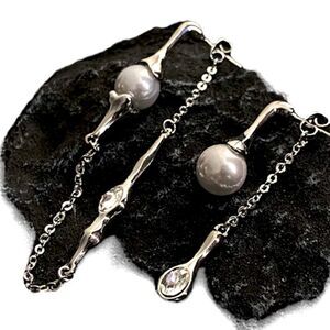 Silver Liquid Asymmetric Crystals Pearls Hanging Earrings